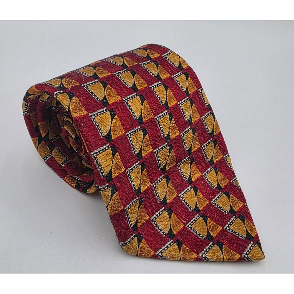 Fumagalli's Men's Vintage Silk Tie Red Gold Geometric Made in Spain